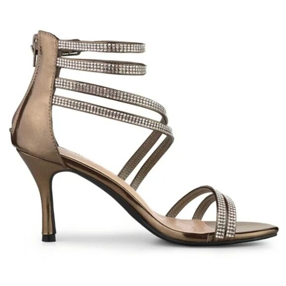 CHRISTIAN SIRIANO WOMEN'S PU ANKLE STRAP OPEN TOE RHINESTONE  HEELS SANDALS - Picture 1 of 14